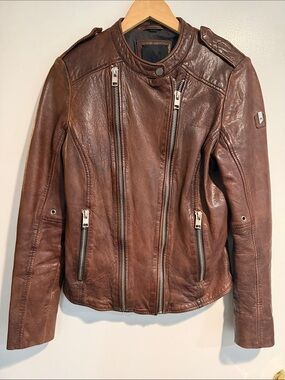 Mauritius Women's Distressed Brown Leather Moto Jacket with Double Zip